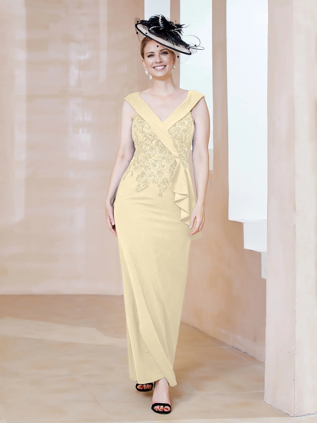 Black Crepe Mermaid Floor-Length with V-Neck & Sequin Embellished Bodice