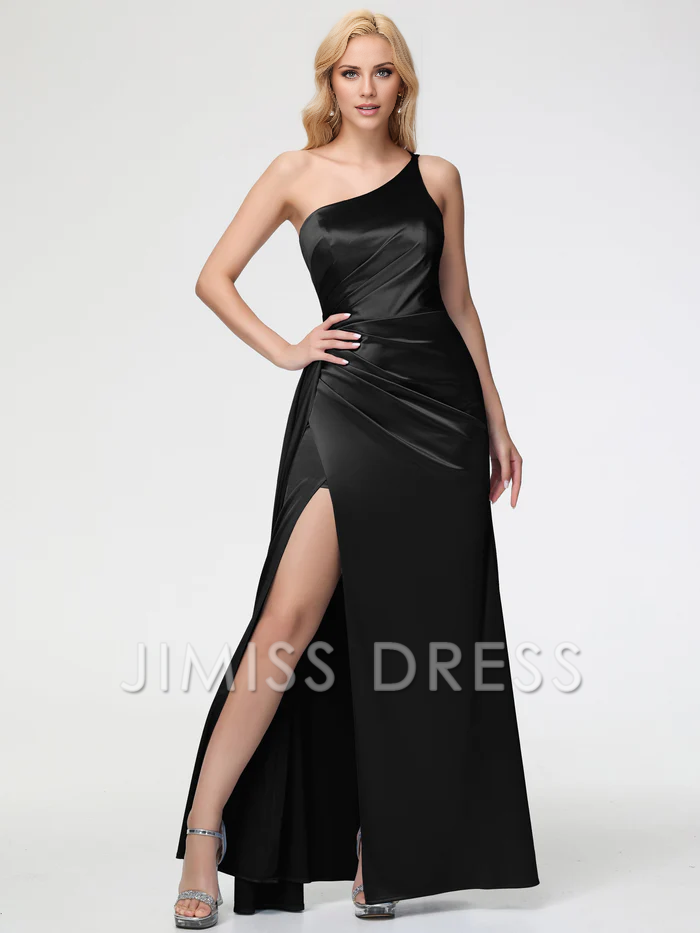 Jimiss trumpet/mermaid shaped single shoulder sleeveless pleated satin slit Prom dress
