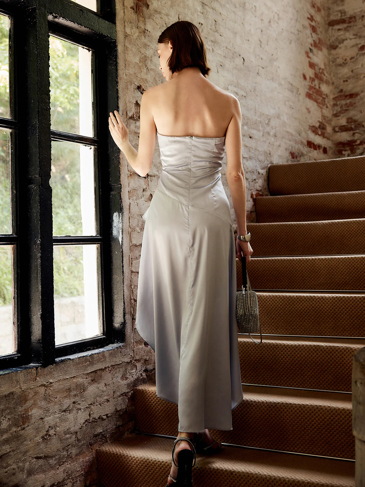 Mist Satin Asymmetrical A-Line Evening Dress with Draped Bodice