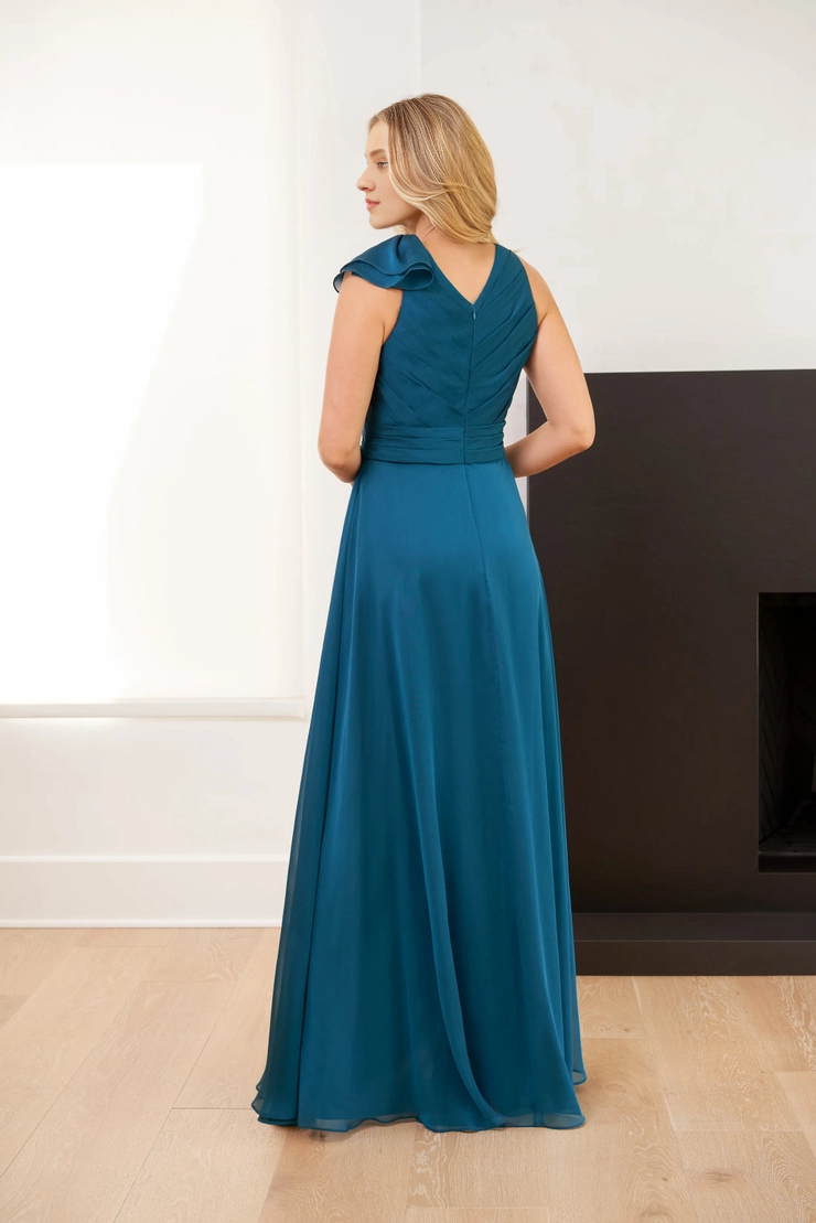 Chiffon A-line V-neck front slit with ruffled edge for evening dress