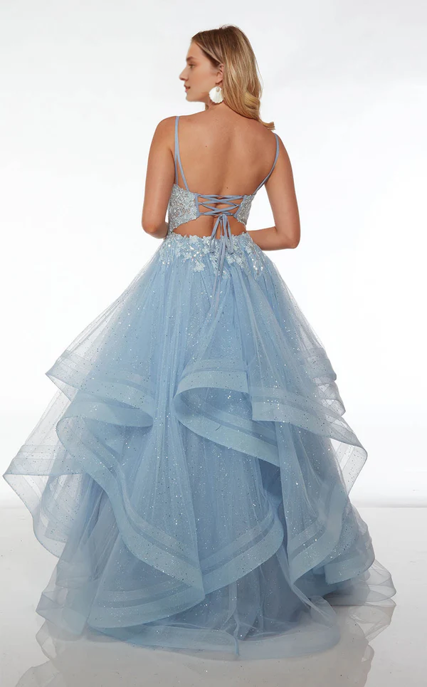 Sky Blue Tulle Ball Gown Evening Dress with Ruffled Tiered Skirt