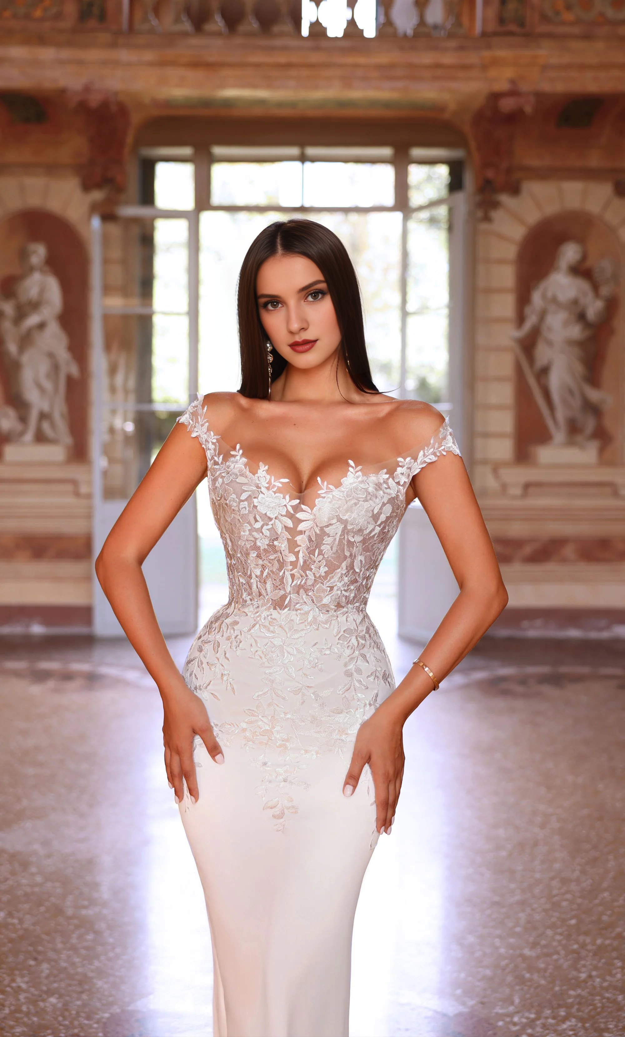 Ivory Lace Mermaid Off-the-Shoulder Floor-Length Dress with Intricate Lace Appliques for Prom & Formal Event