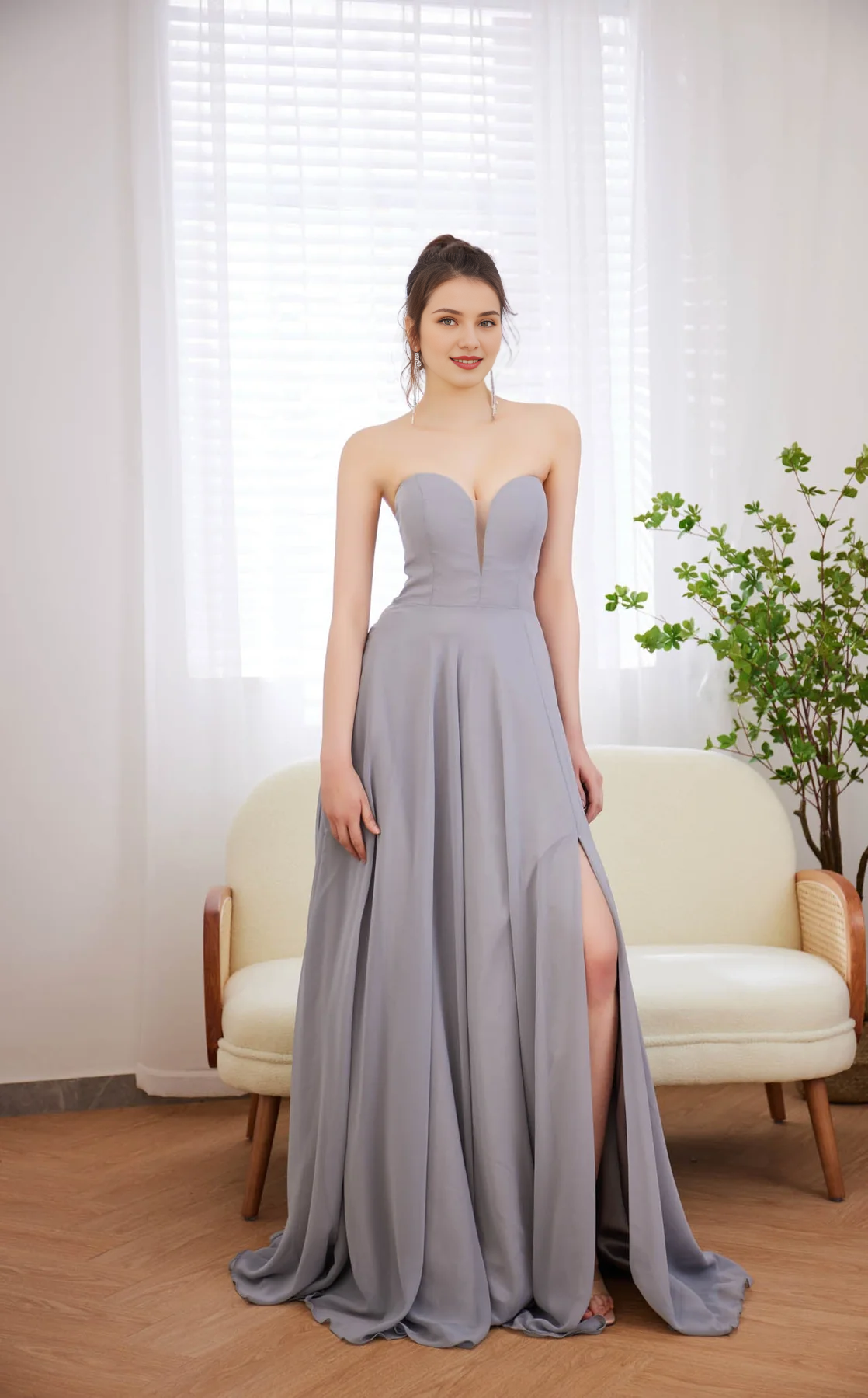 Royal Blue Chiffon A-Line Floor-Length Evening Dress with Sweetheart Neckline and High Slit