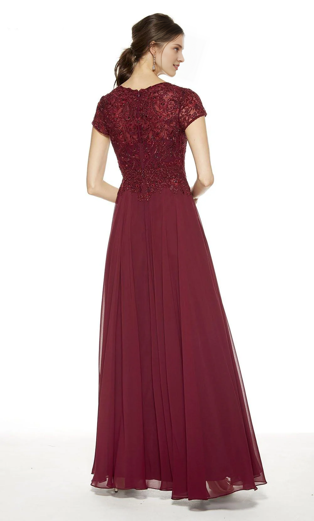 Burgundy Lace A-Line Floor-Length Bridesmaid Dress with V-Neck & Short Sleeves