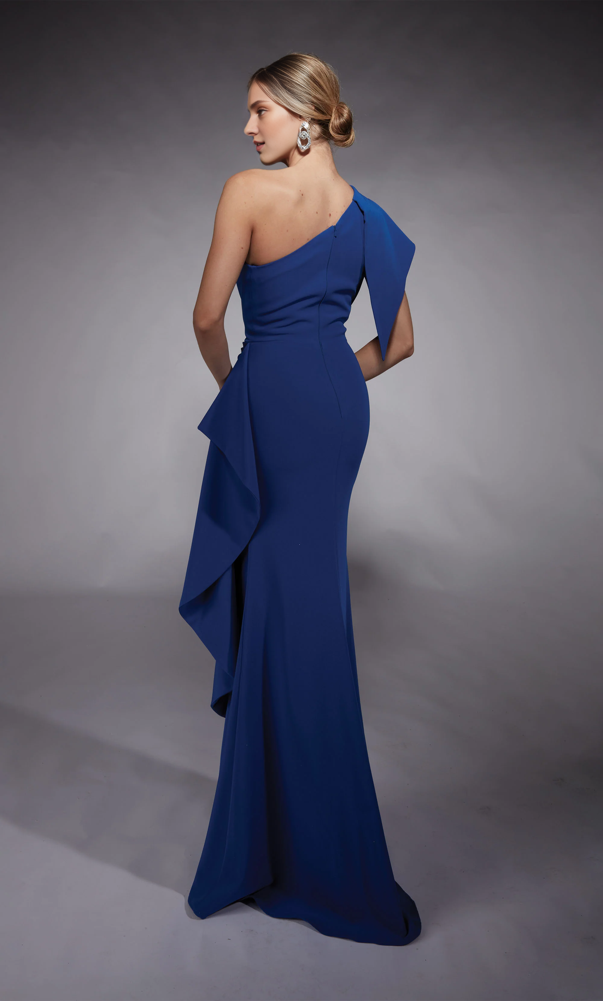 Royal Blue Crepe Mermaid Floor-Length One Shoulder Dress with Ruffle and Cascading Side Detail