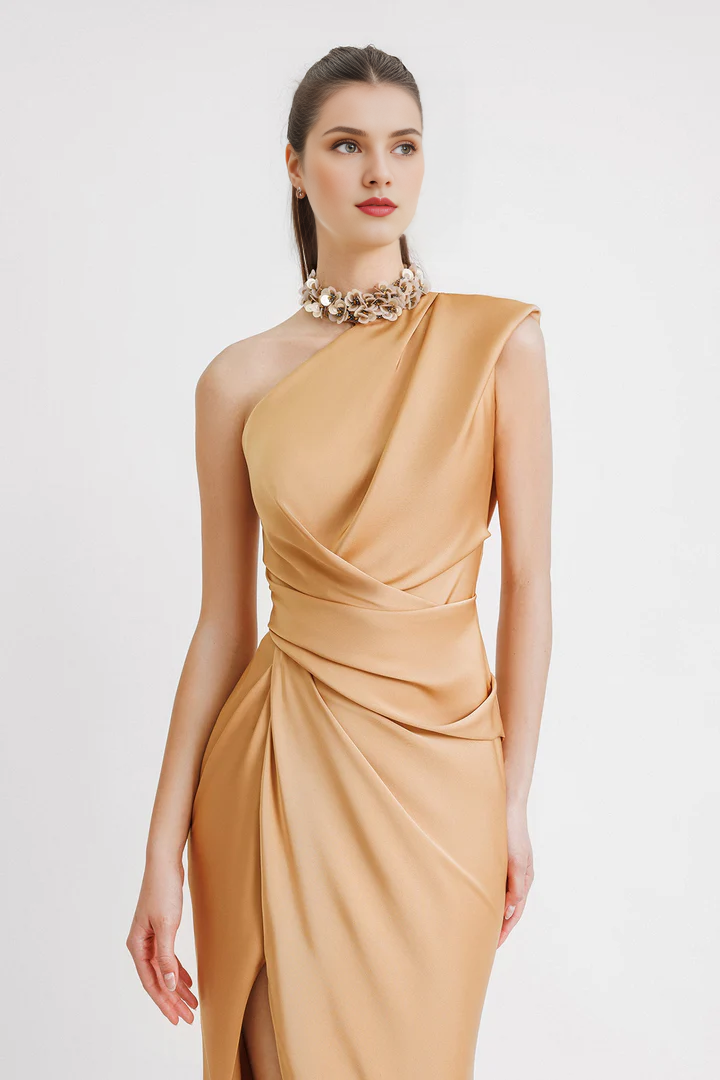 Vestido de noche ajustado/estilo columna, elegante, formal, largo hasta el suelo, sin mangas, con un solo hombro, bolsillo, satén, calcomanía, vestidos de noche.