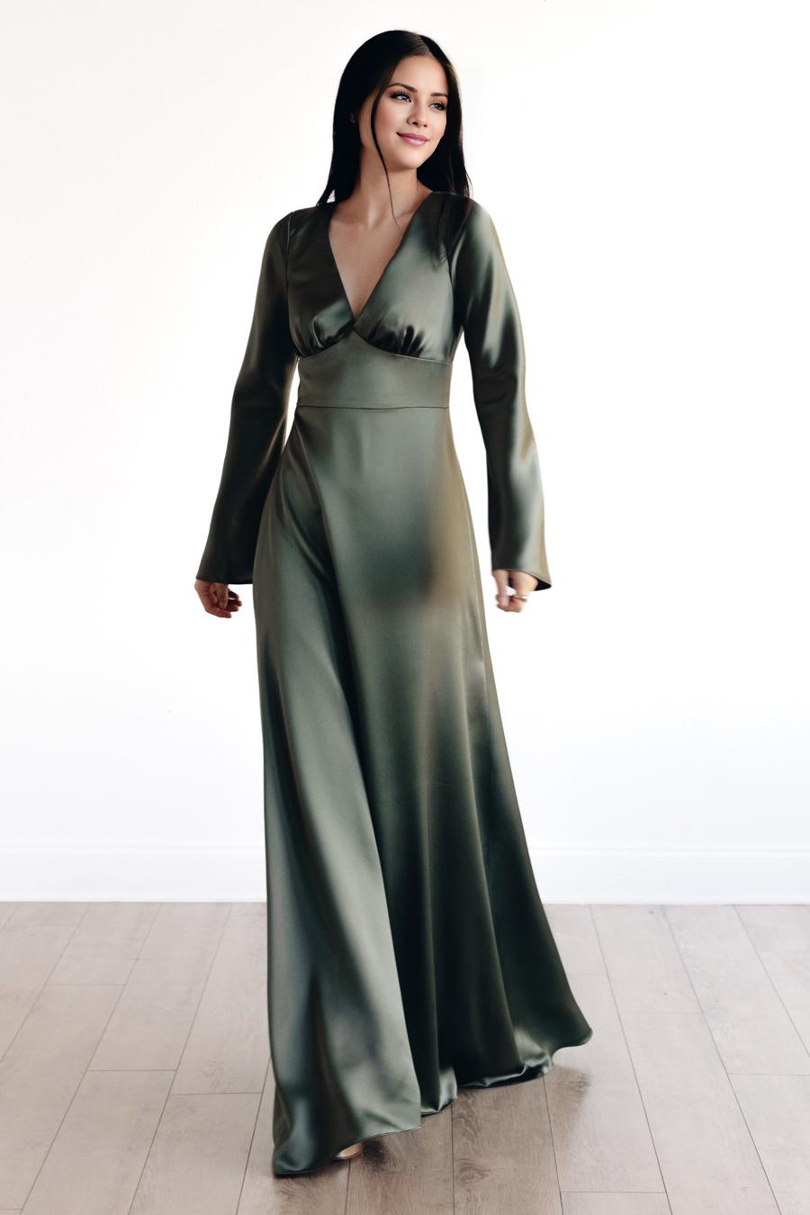 Vestido de noche Jimiss con escote en V profundo, manga larga, espalda descubierta y largo hasta el suelo