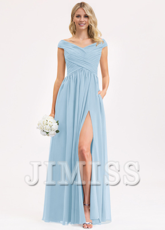 Vestido de dama de honor de gasa con volantes, corte A y largo hasta el suelo