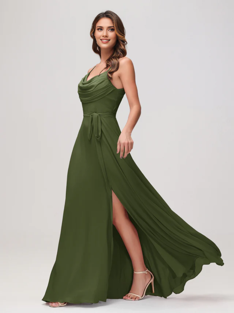 Olive Green Chiffon A-Line Floor-Length Dress with Cowl Neck and High Slit