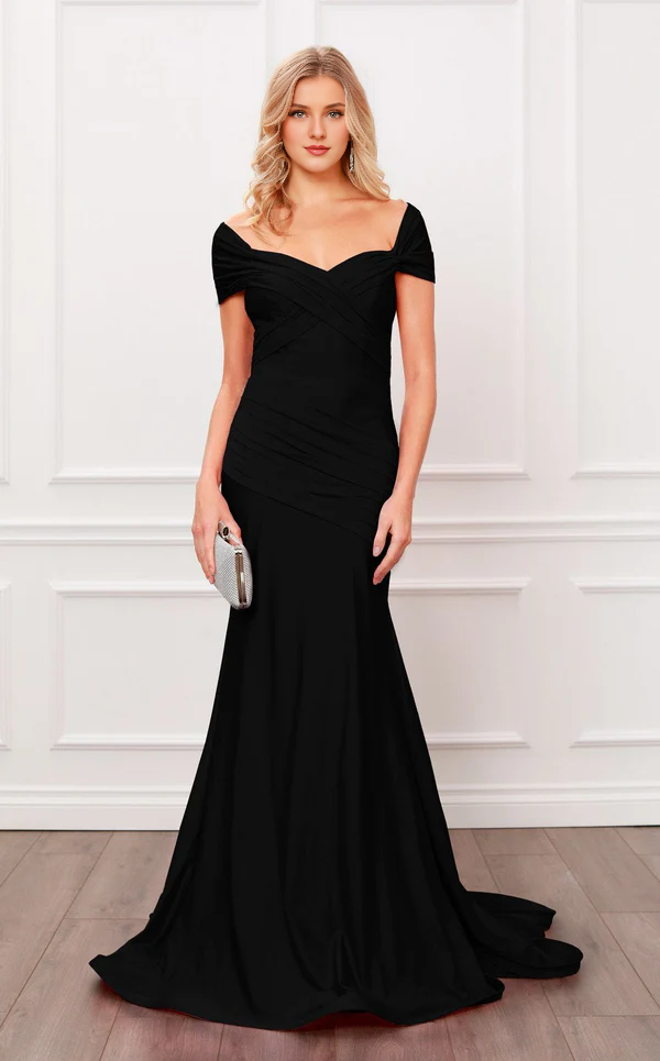 Abito da sera lungo fino al pavimento, con corsetto aderente, schiena scoperta e maniche corte a sirena