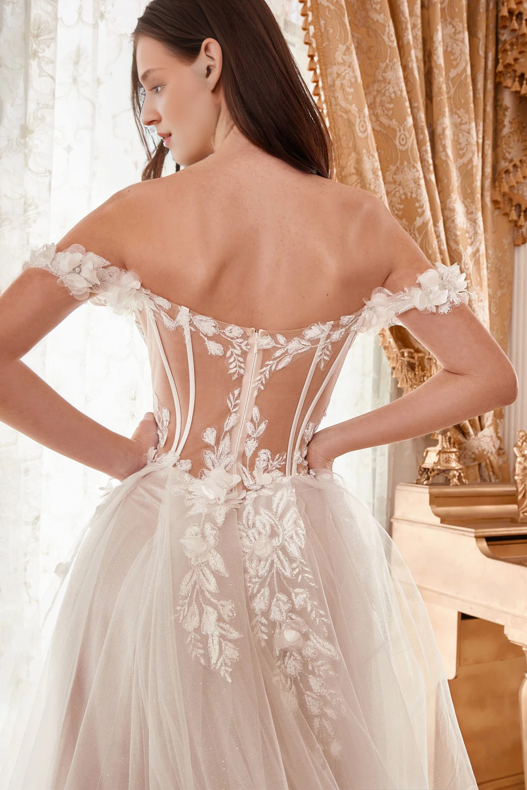 Ivory Tulle Ball Gown Floor-Length Sweetheart Dress with 3D Floral Appliques