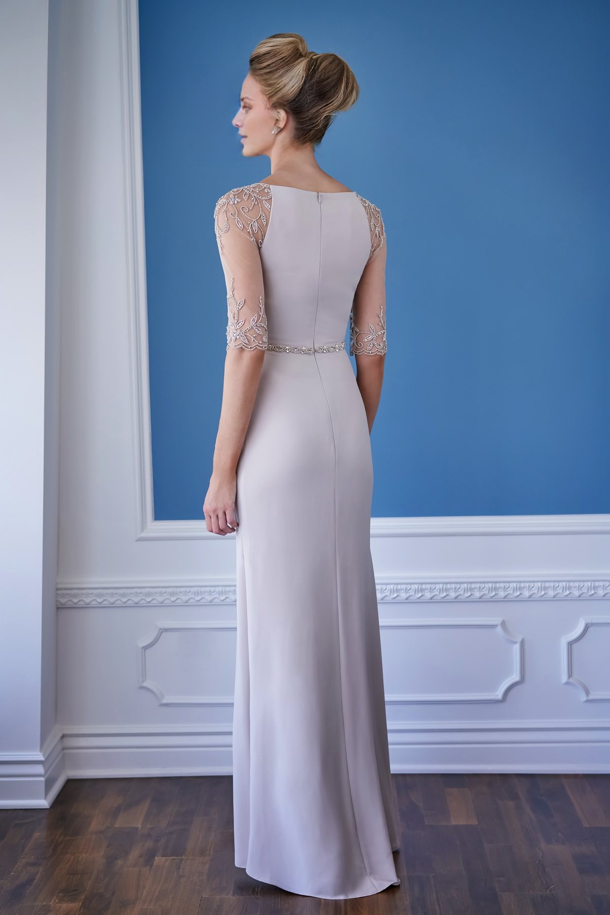 Champagne Satin Sheath/column Floor-Length with V-Neck, Embellished Illusion Sleeves & Rhinestone Belt