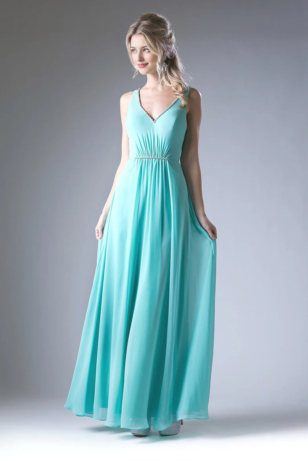 Pink Chiffon A-Line Floor-Length Dress with Ruched Bodice & Embellished V-Neck
