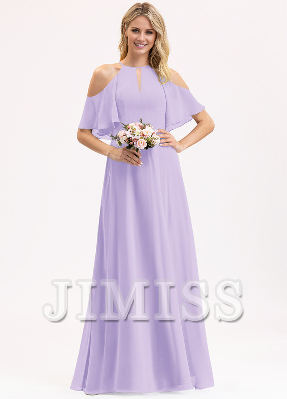 Abito da damigella d'onore in chiffon lungo fino a terra, con scollo a barchetta, spalle scoperte e linea ad A