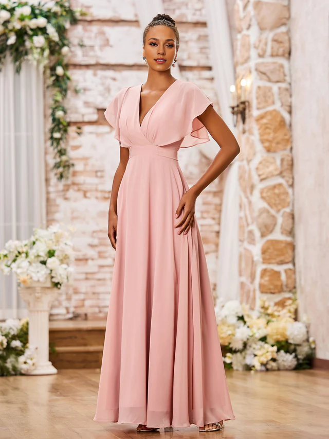 Chiffon Flutter-Sleeve V-Neck Ruched Bodice A-Line Floor-Length Bridesmaid Dresses