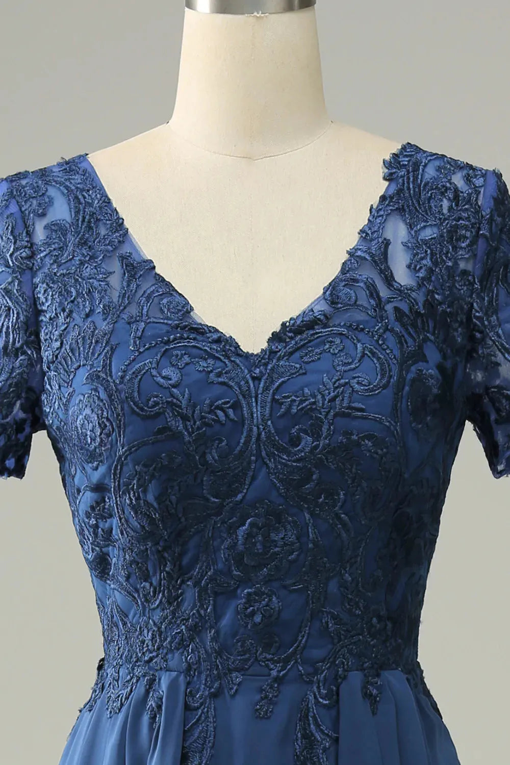 Dark Navy Chiffon A-Line V-Neck Floor-Length Bridesmaid Dress with Short Lace Sleeves