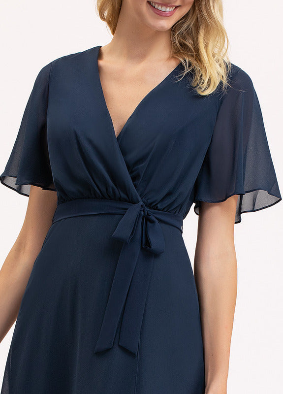 A-line V-neck asymmetric bow pleated chiffon bridesmaid dress