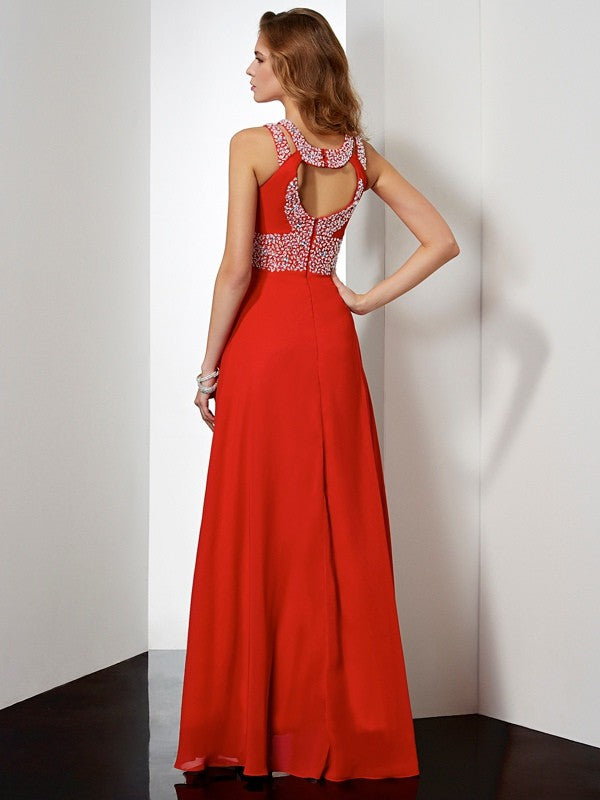 Red Chiffon A-Line Floor-Length Halter Neckline Evening Gown with Beaded Neckline & High Slit