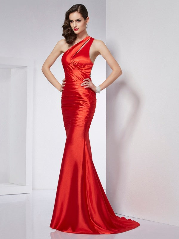 Red Satin One Shoulder Mermaid Floor-Length Dress