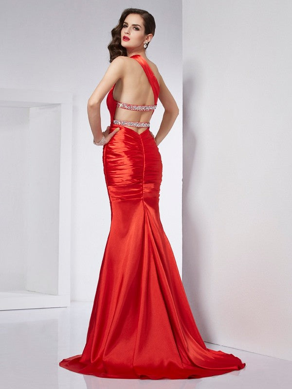 Red Satin One Shoulder Mermaid Floor-Length Dress