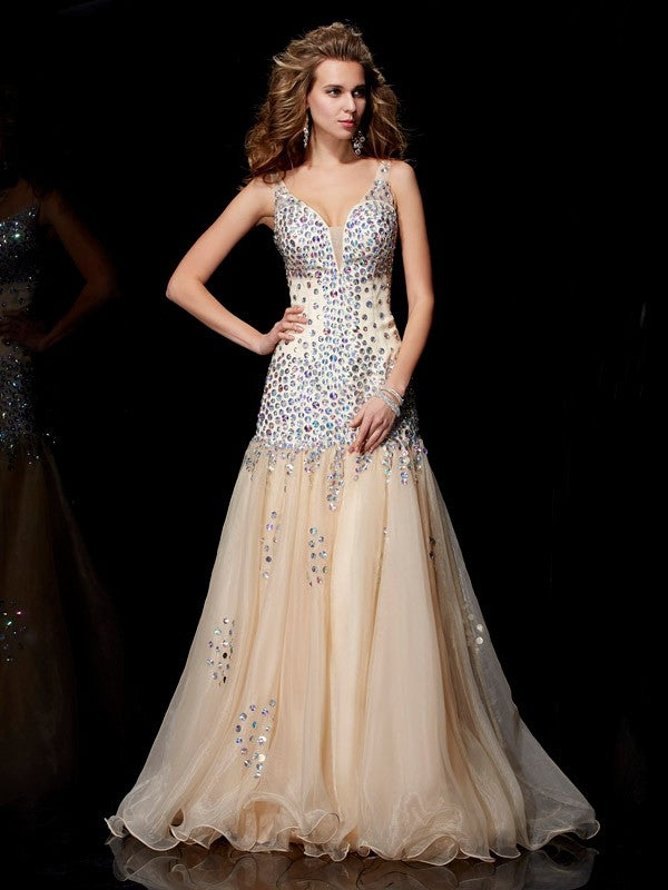 Champagne Sequin Tulle A-Line Floor-Length Evening Dress