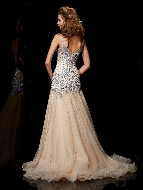 Champagne Sequin Tulle A-Line Floor-Length Evening Dress