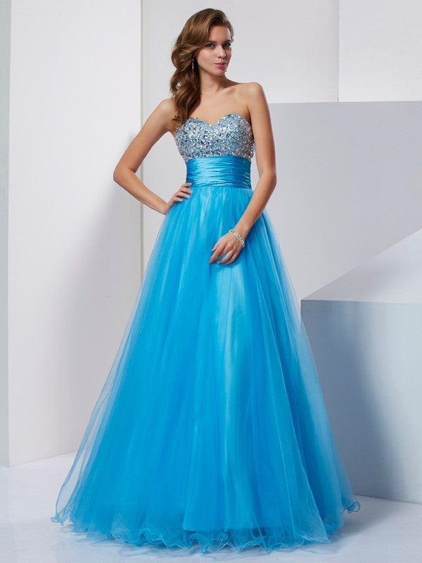 Blue Tulle A-Line Floor-Length Dress with Sweetheart Neckline, Sequined Bodice & Tulle Skirt