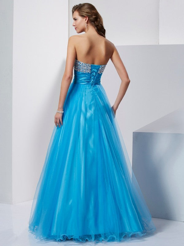 Blue Tulle A-Line Floor-Length Dress with Sweetheart Neckline, Sequined Bodice & Tulle Skirt