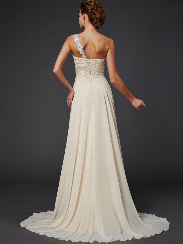 Vestidos largos de gasa con corte A/princesa, sin mangas, con un solo hombro y apliques de cuentas