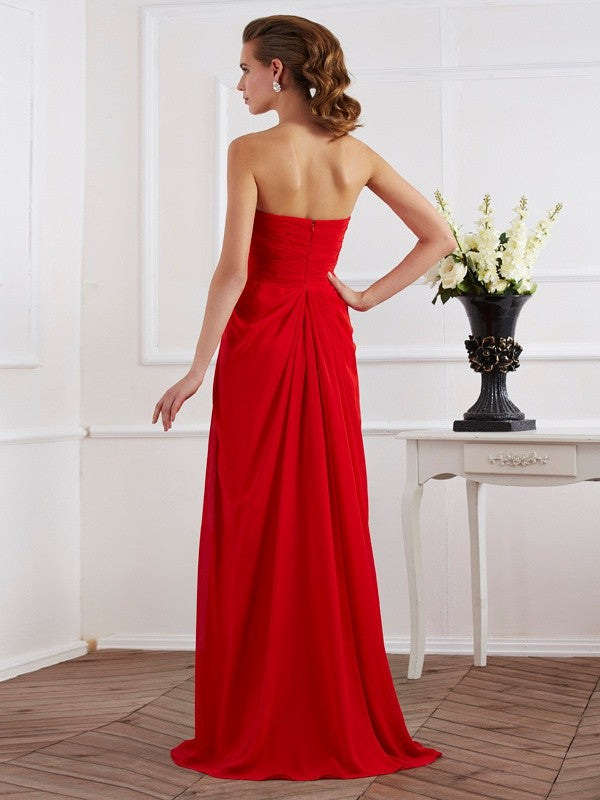 Red Chiffon A-Line Floor-Length Evening Dress with Straight Neck and High Slit