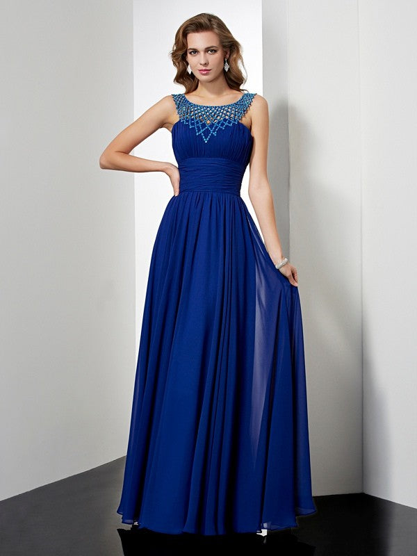 Royal Blue Chiffon A-Line Floor-Length Dress with Beaded High Neck
