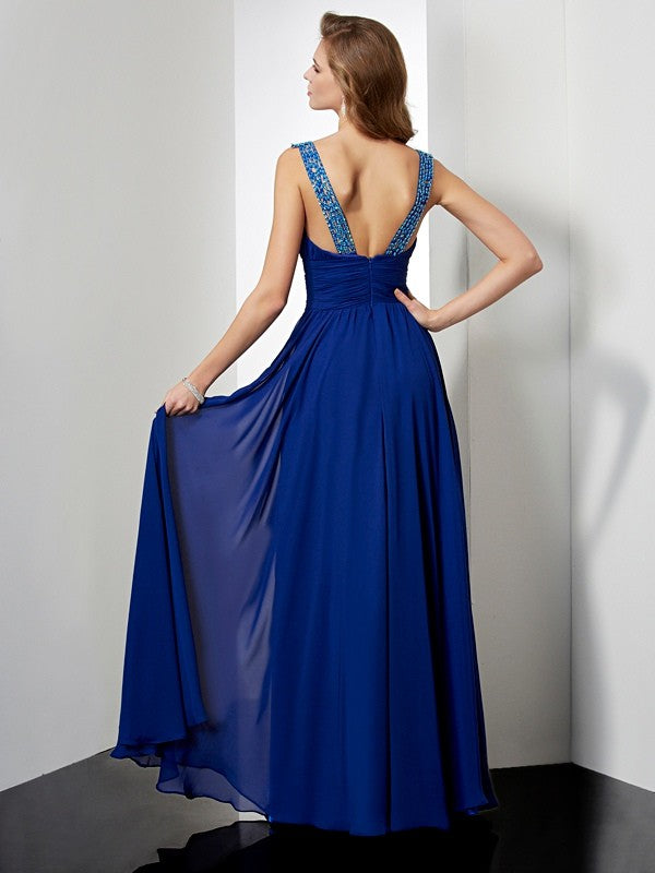 Royal Blue Chiffon A-Line Floor-Length Dress with Beaded High Neck