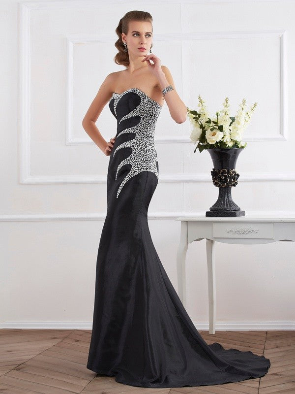 Trumpet/Mermaid Strapless Sleeveless Beading Long Taffeta Dresses