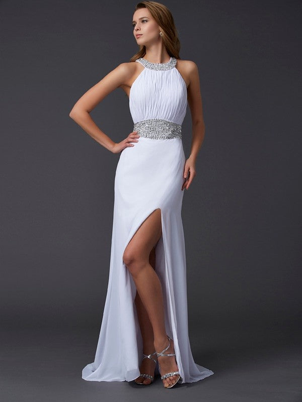 White Chiffon Halter Neckline Sheath/column Floor-Length Dress with Embellished Details and High Slit