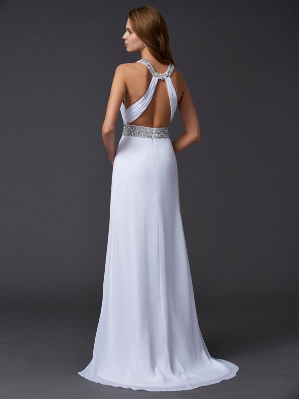 White Chiffon Halter Neckline Sheath/column Floor-Length Dress with Embellished Details and High Slit