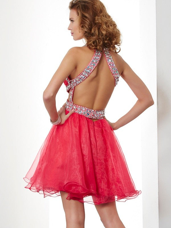 Vestidos de fiesta cortos de organza con escote halter, sin mangas y con cuentas, corte A/princesa