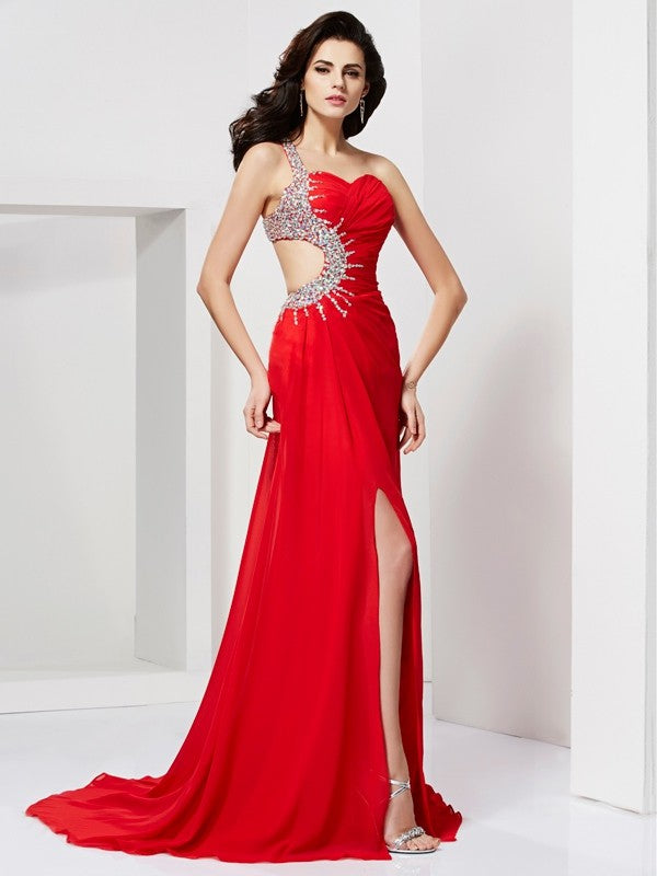 Red Chiffon One Shoulder A-Line Floor-Length Evening Dress with Rhinestone Embellishment and High Slit