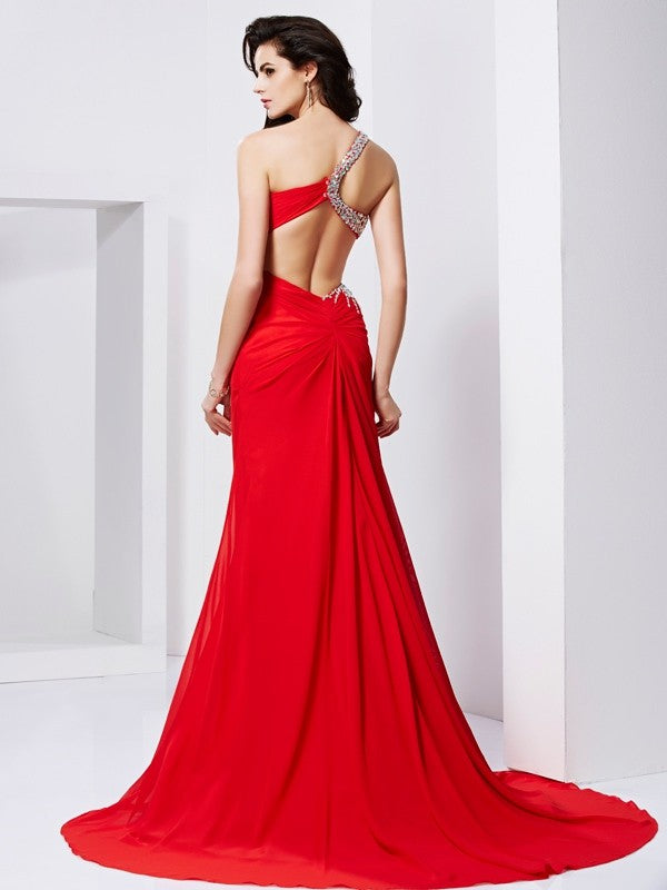 Red Chiffon One Shoulder A-Line Floor-Length Evening Dress with Rhinestone Embellishment and High Slit