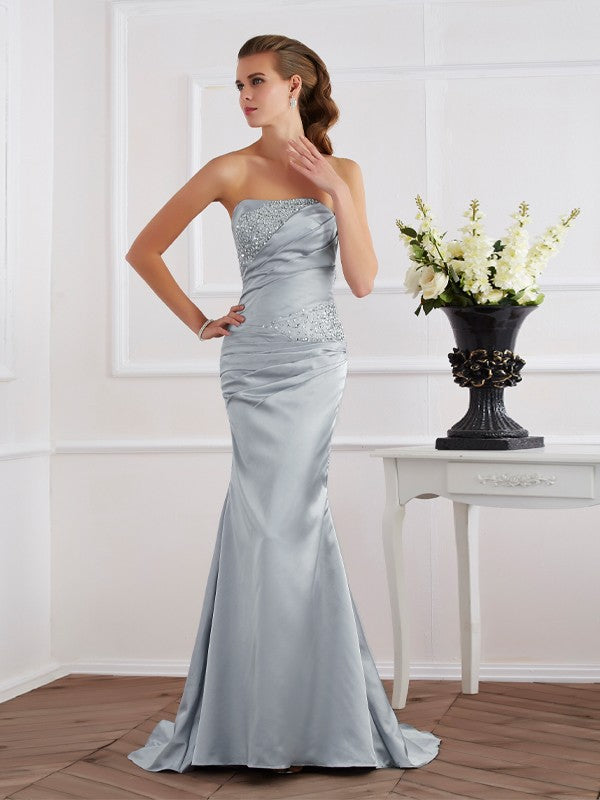 Trumpet/Mermaid Strapless Beading Long  Woven Satin Dresses