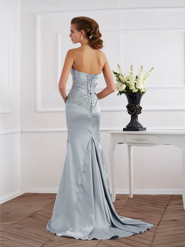 Trumpet/Mermaid Strapless Beading Long  Woven Satin Dresses