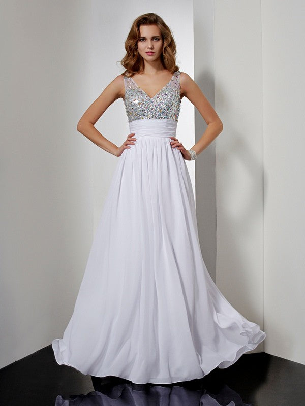 White Sequin Bodice Chiffon A-Line V-Neck Floor-Length Evening Dress