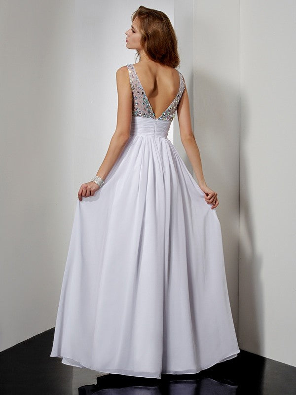 White Sequin Bodice Chiffon A-Line V-Neck Floor-Length Evening Dress