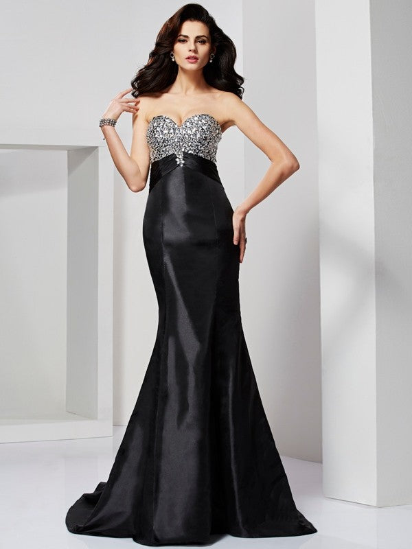Vestidos largos de tafetán plisados sin mangas con escote corazón y corte trompeta/sirena
