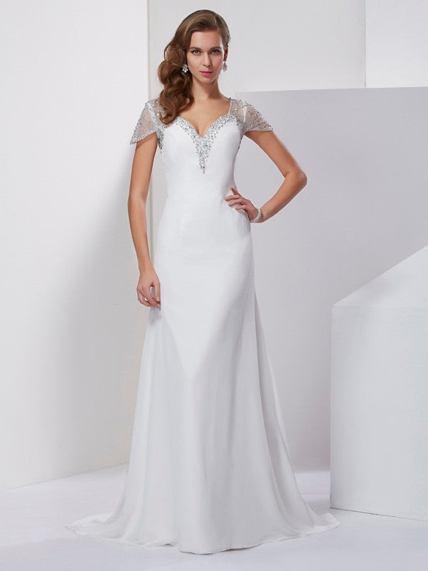 White Satin Sheath/column Floor-Length Dress with Beaded Cap Sleeves & Sweetheart Neckline