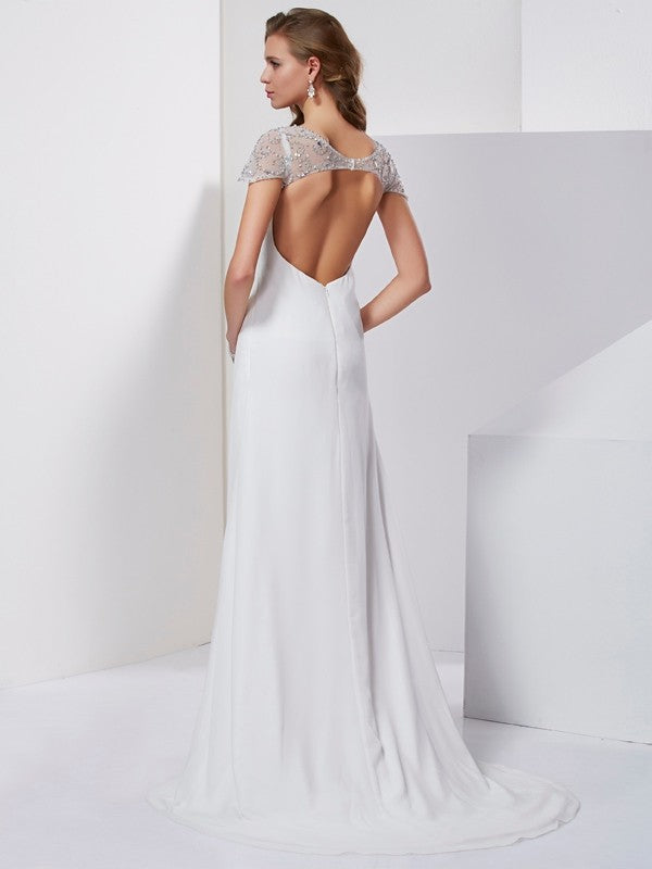 White Satin Sheath/column Floor-Length Dress with Beaded Cap Sleeves & Sweetheart Neckline