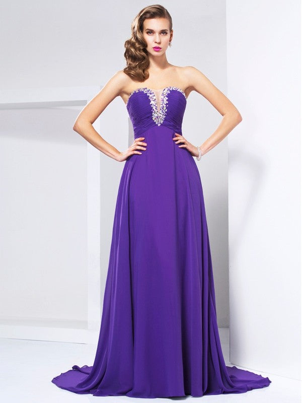 Purple Chiffon A-Line Floor-Length Dress with Beaded Sweetheart Bodice