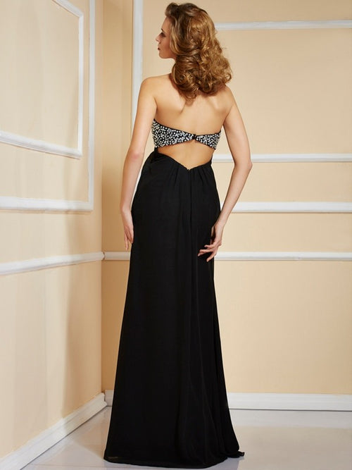 Abiti lunghi in chiffon con scollo a cuore, maniche a palloncino, volant e perline