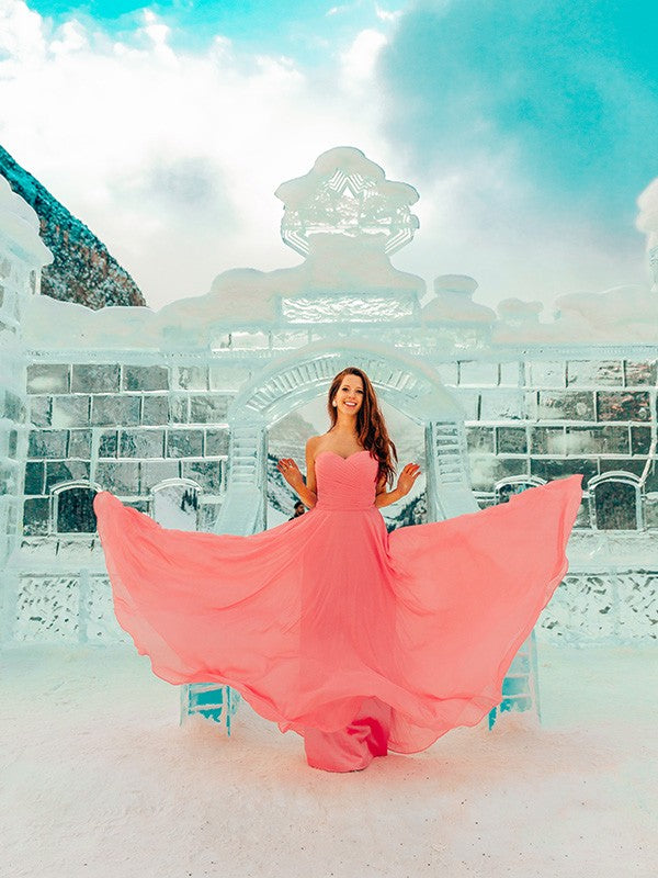 Blushing Pink Chiffon A-Line Floor-Length Dress with Sweetheart Neckline and Ruched Bodice