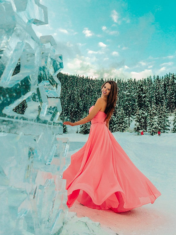 Blushing Pink Chiffon A-Line Floor-Length Dress with Sweetheart Neckline and Ruched Bodice