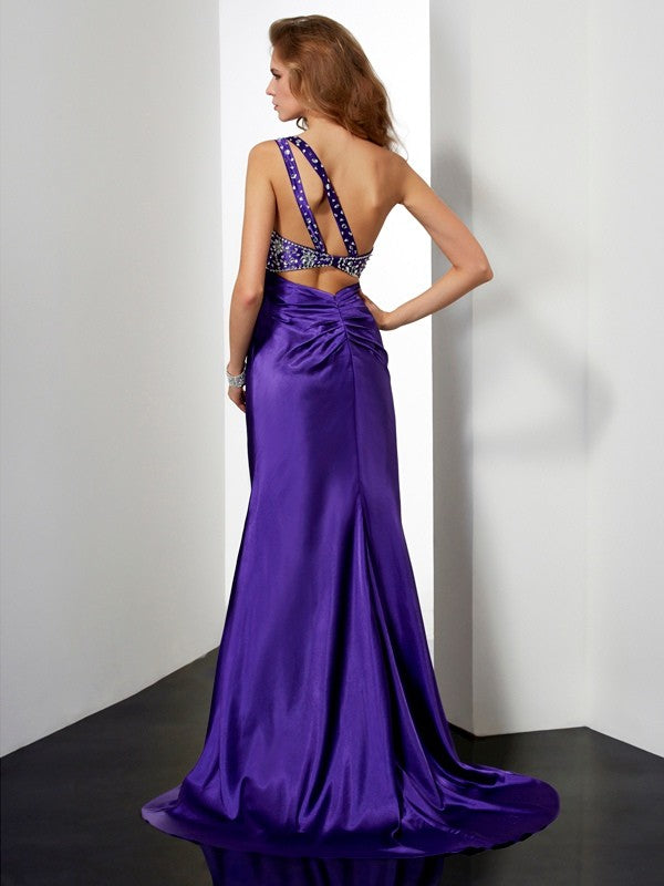 Purple One Shoulder Beaded Mermaid Satin Floor-Length Dress